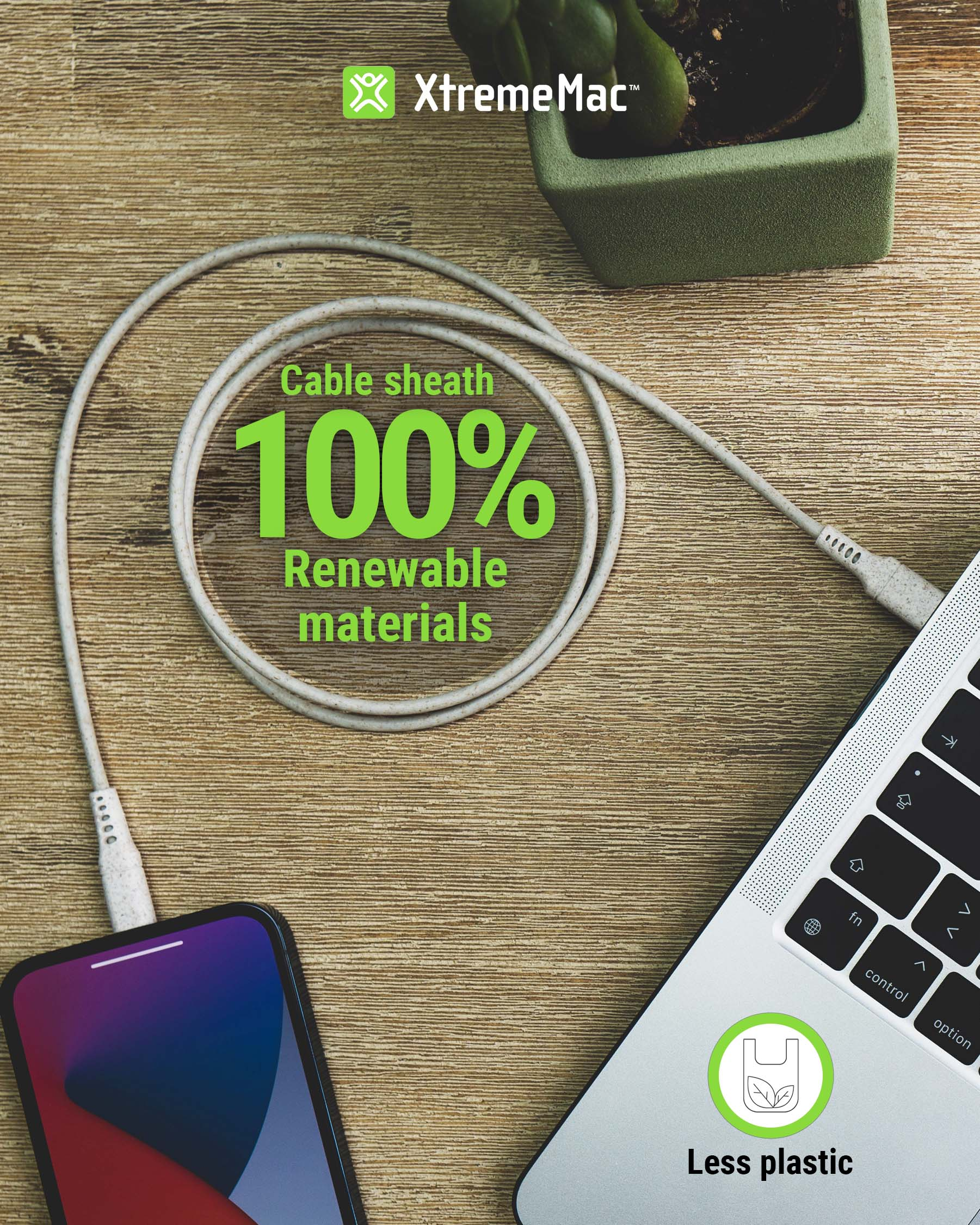 Kabel met telefoon en laptop. Tekst geeft hernieuwbare materialen en minder plastic aan.