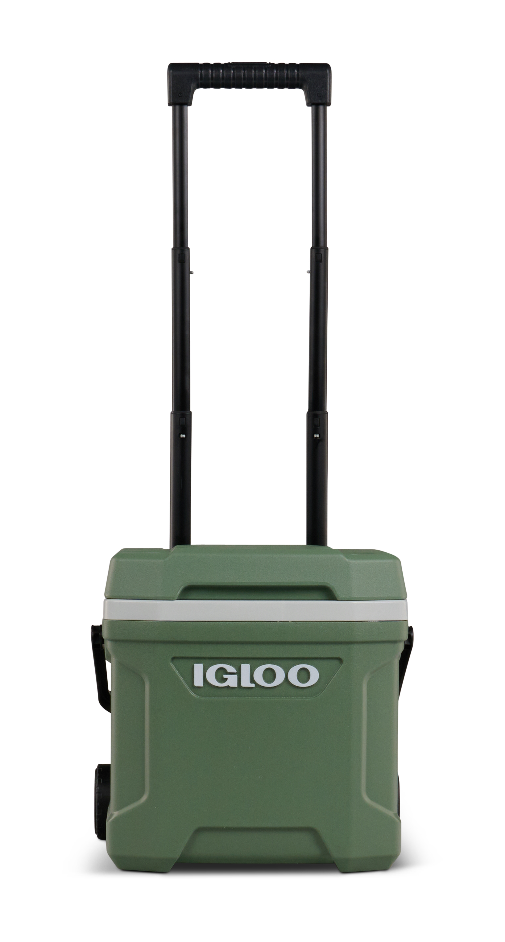 Ghiacciaia Igloo verde con ruote e maniglia, isolata su sfondo bianco.