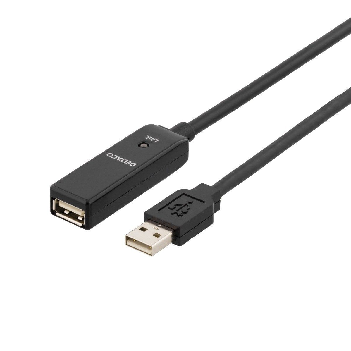 Cavo di prolunga USB nero con connettore USB-A maschio e femmina. Il testo: DELTACO.