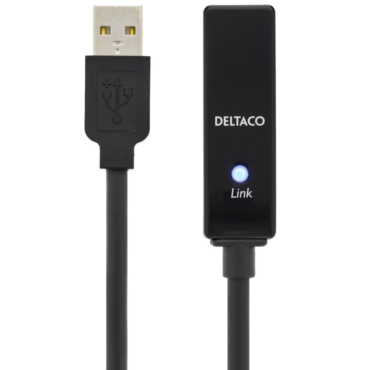 Cavo USB nero con logo DELTACO. Il cavo è su sfondo bianco.