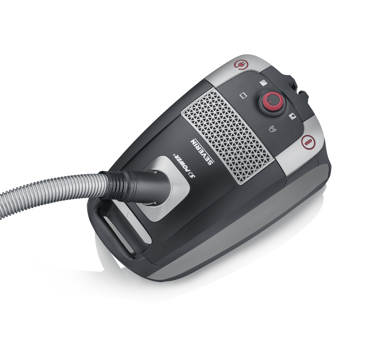 Czarny i szary odkurzacz z wężem na białym tle.