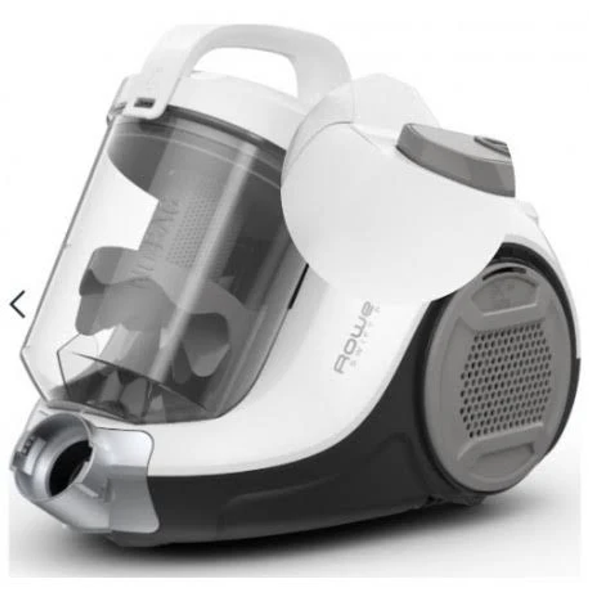 Aspirapolvere bianco e grigio con contenitore della polvere trasparente.