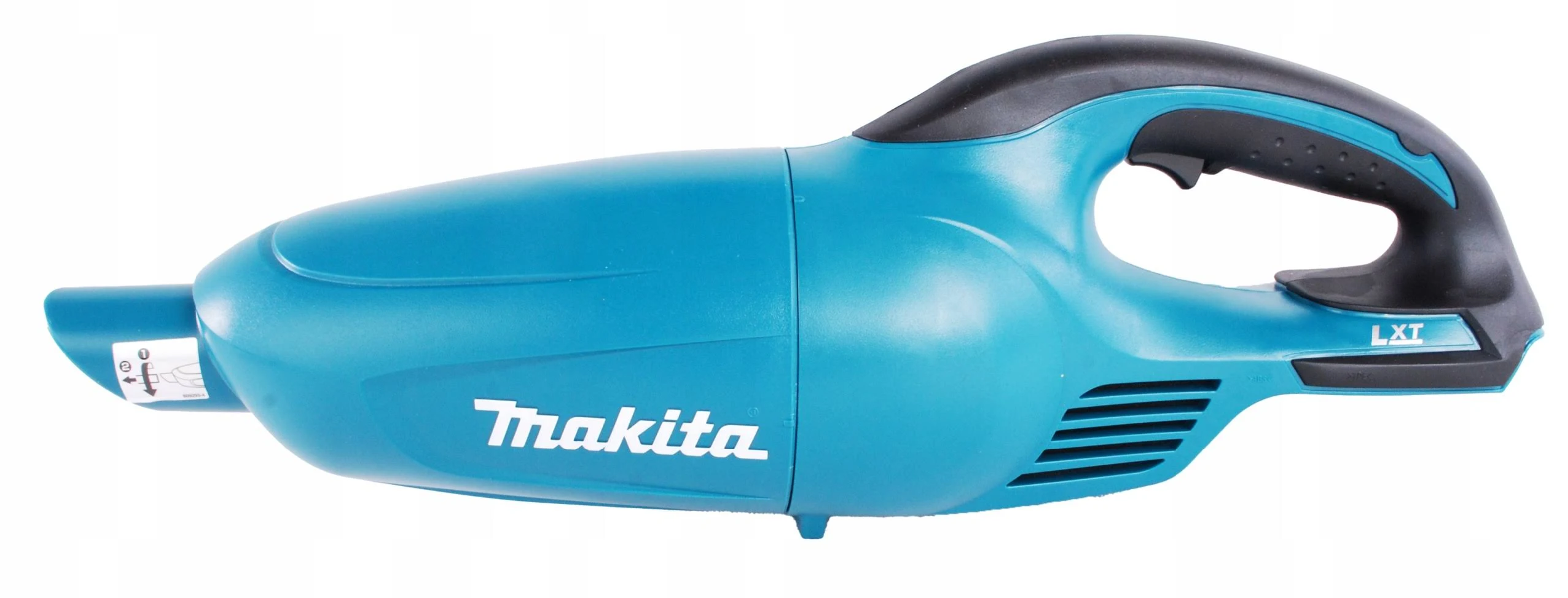 Una aspiradora de mano Makita color teal. Tiene un mango negro y el logotipo de Makita es visible.