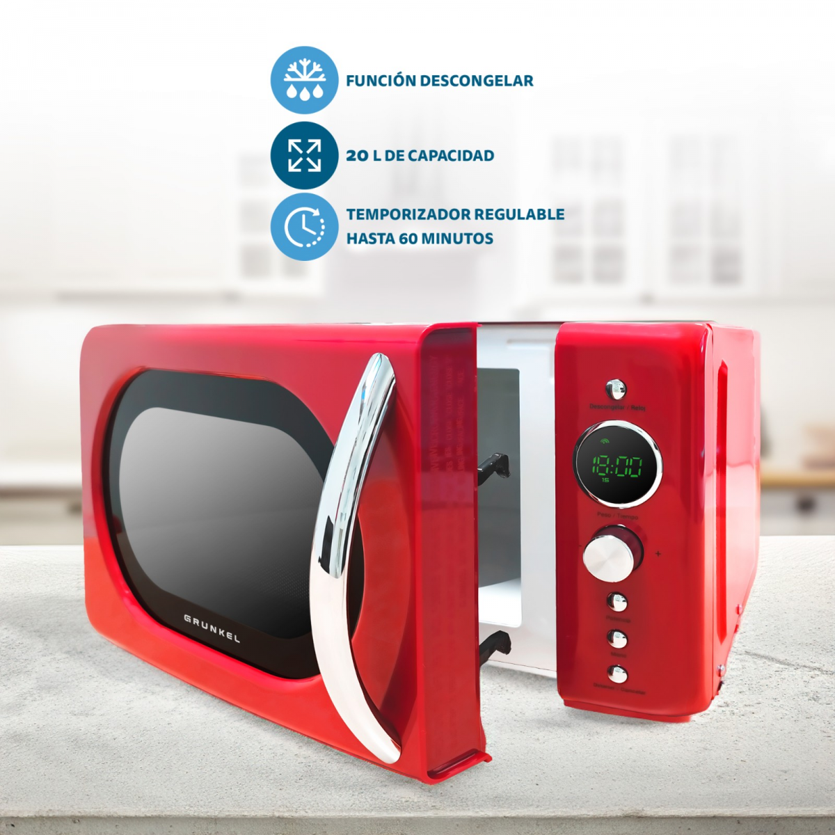 Microondas rojo con puerta abierta, mostrando el interior. Texto: descongelar, 20L, temporizador.