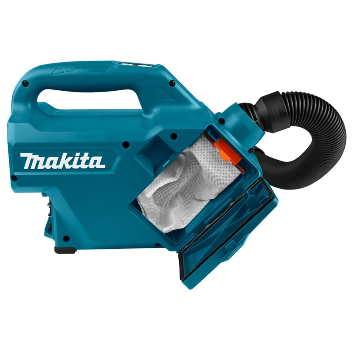Un aspirapolvere Makita color verde acqua con uno scomparto aperto che mostra un sacco filtro bianco.