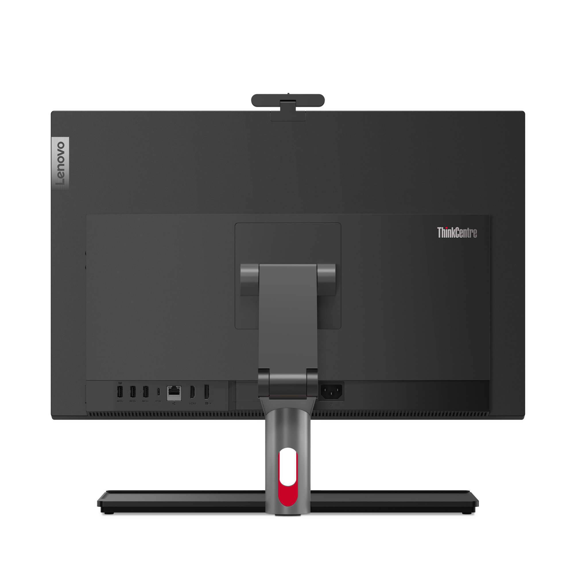 Rückansicht eines schwarzen Lenovo ThinkCentre Computermonitors mit Ständer und Webcam.