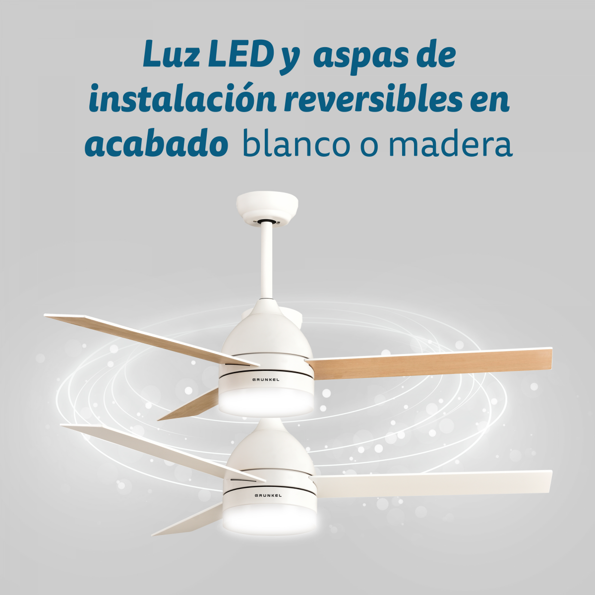 Ventilador de techo blanco con aspas de madera y luces. Texto en español, fondo blanco.