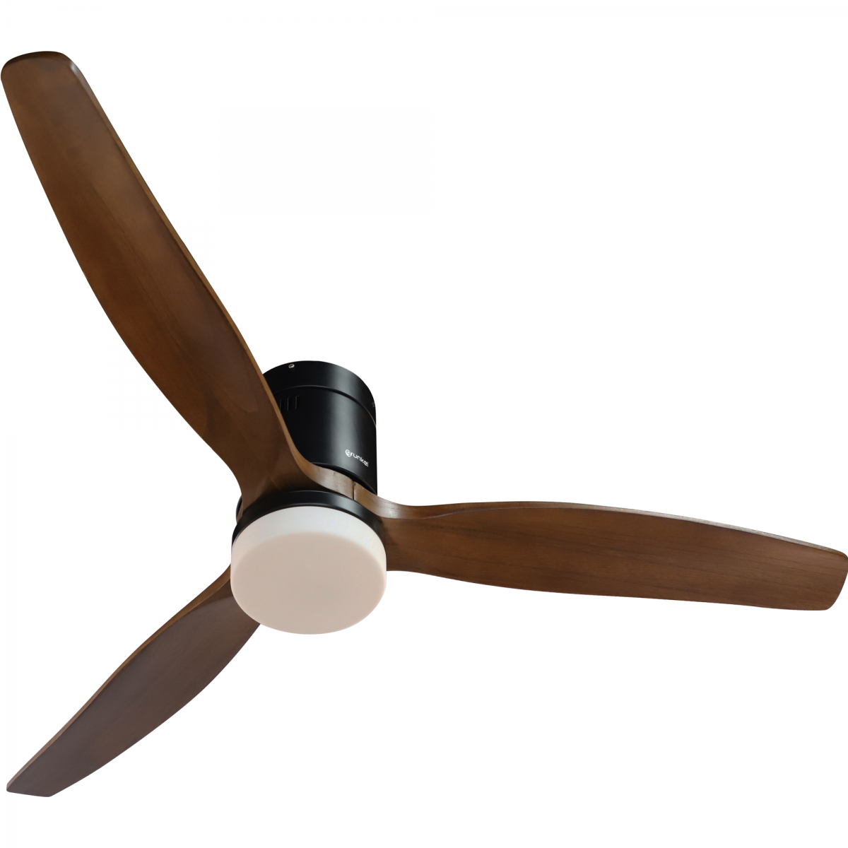 Ventilatore da soffitto con tre pale in legno e un alloggiamento motore nero. Lampada bianca al centro.