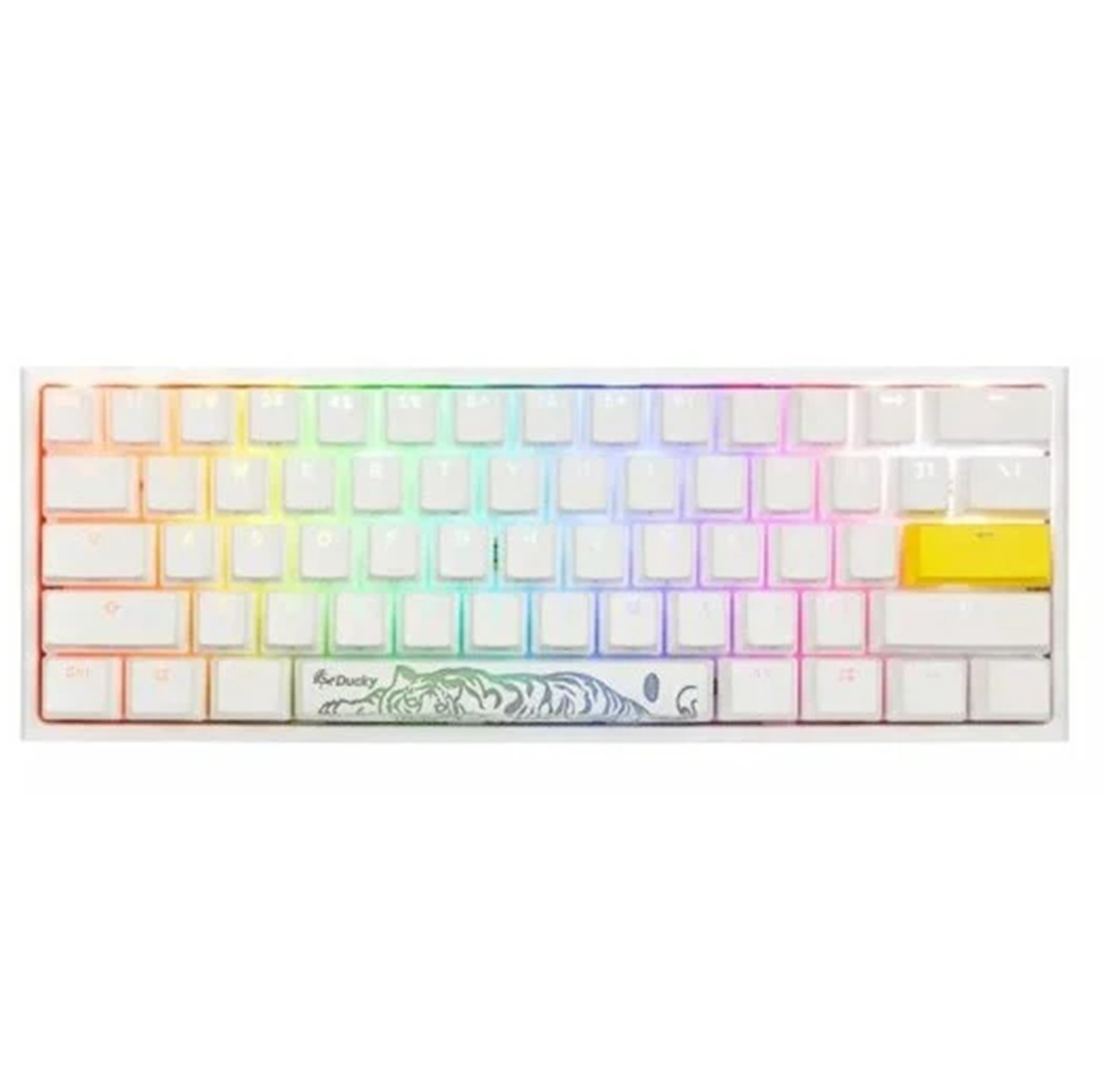 Teclado mecánico blanco con teclas retroiluminadas y diseño tigre.