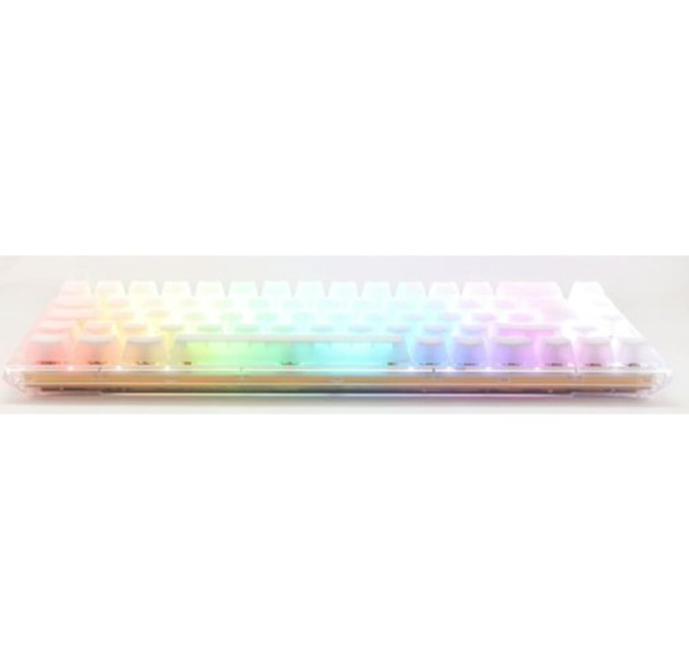 Una tastiera meccanica bianca con luci a LED colorate sotto i tasti e una cornice trasparente.