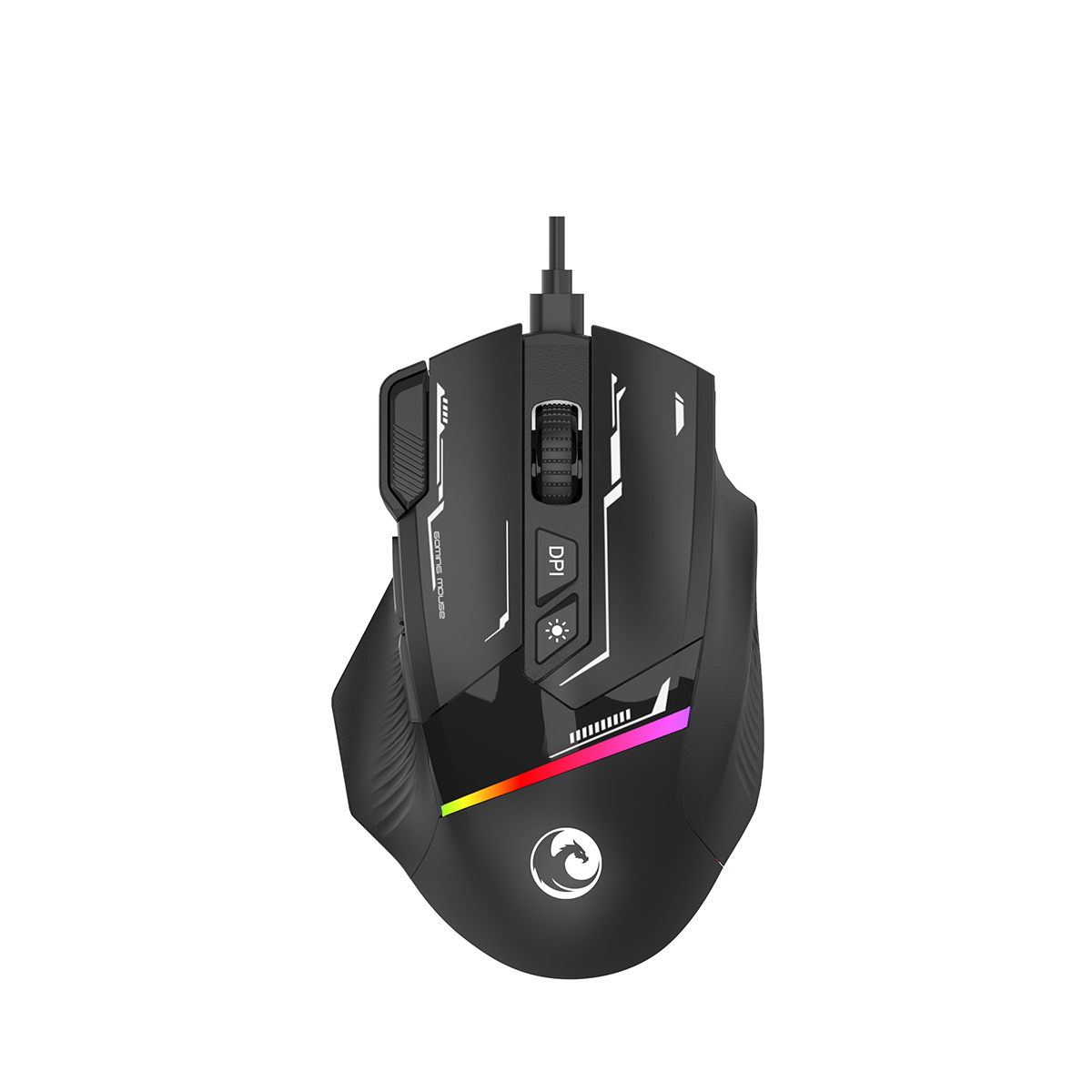 Een zwarte gamingmuis met RGB-verlichting en een bedrade verbinding.