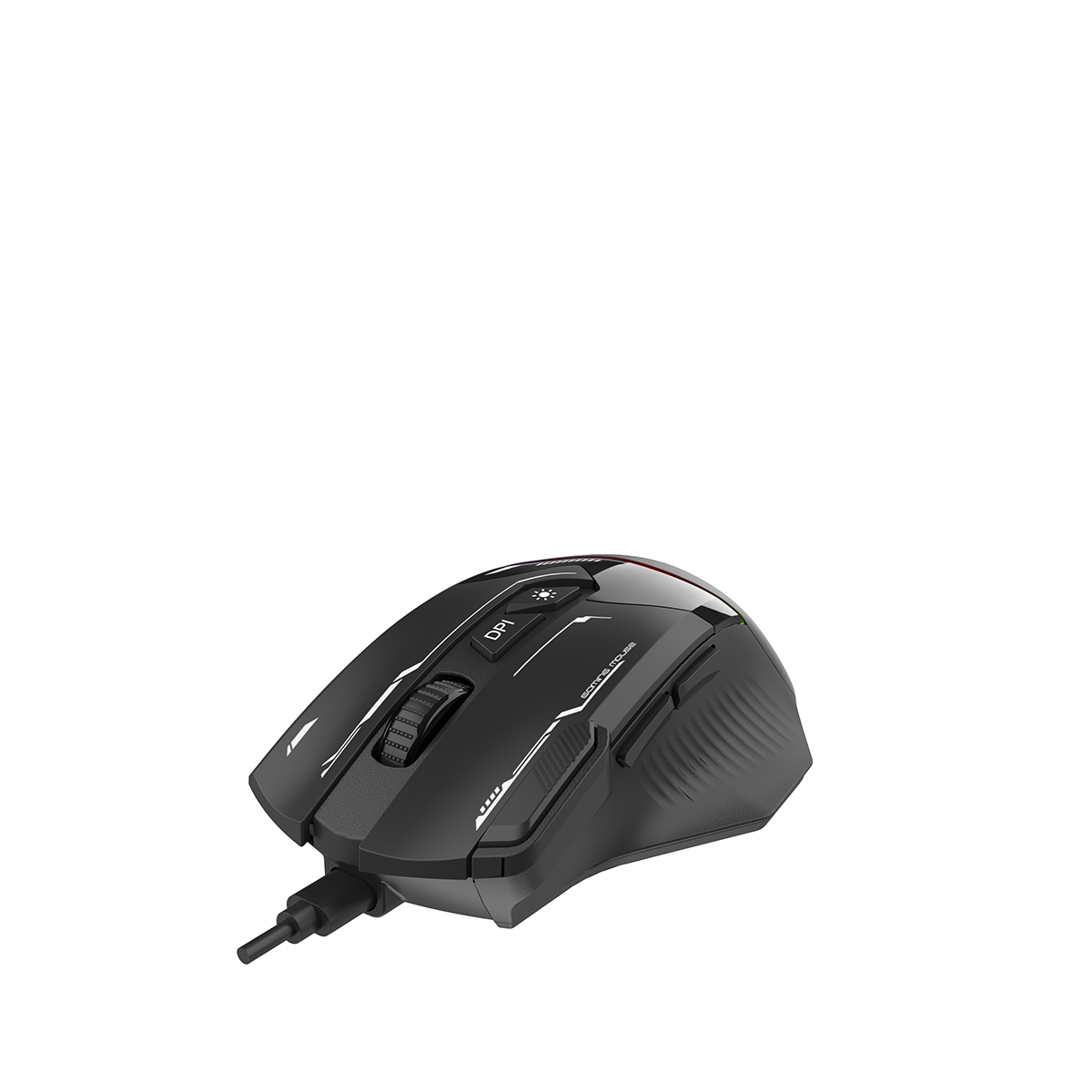 Zwarte gamingmuis met knoppen en een kabel. Op een witte achtergrond.