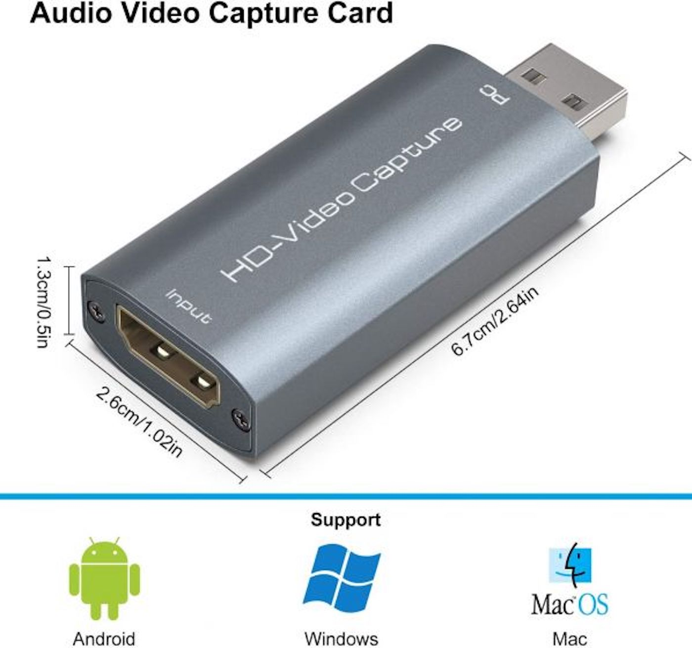Se muestra un dispositivo gris de captura de video HD. Tiene un puerto USB y una entrada HDMI, con dimensiones.