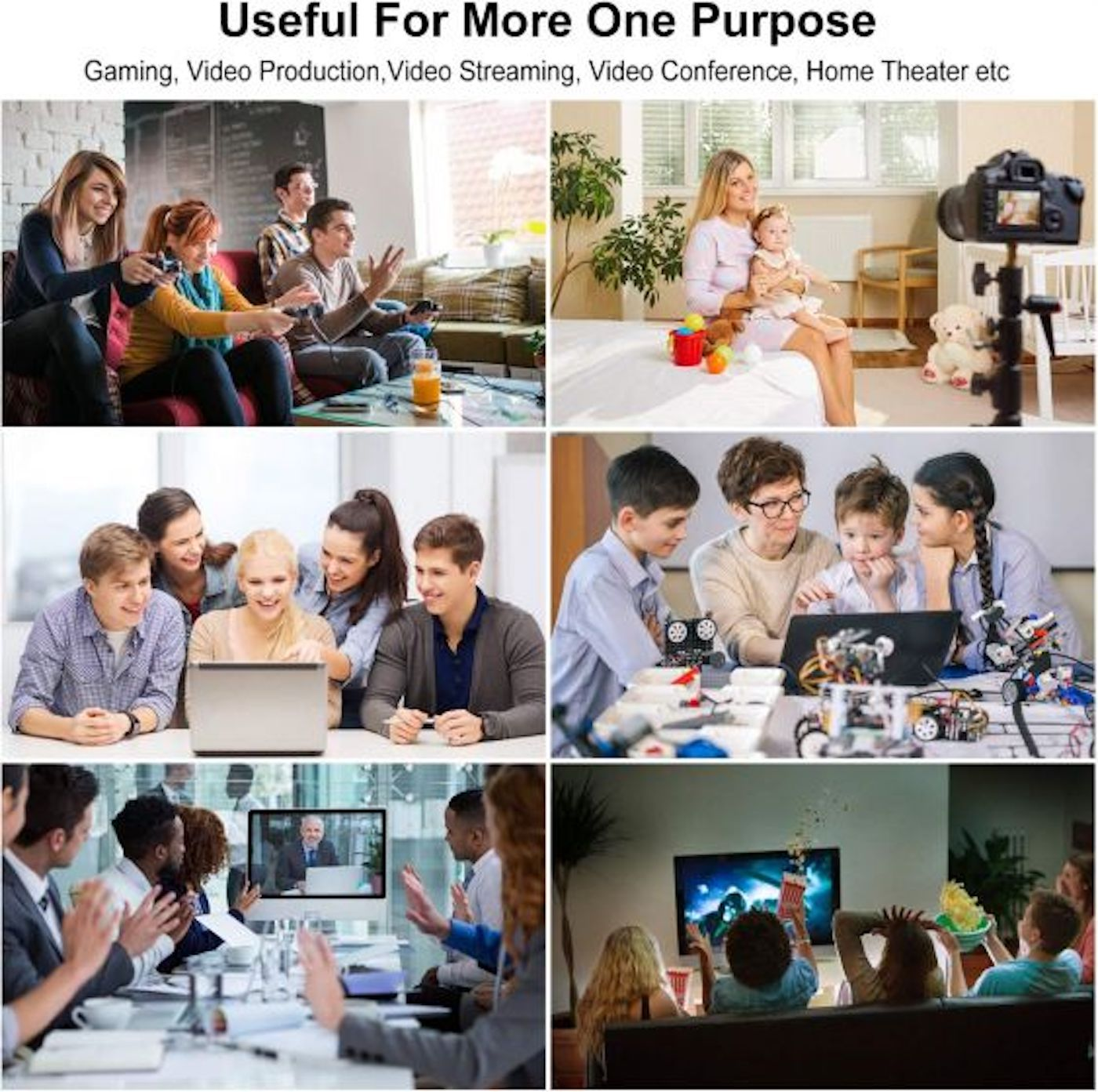Un collage muestra a varias personas usando tecnología para juegos, producción de video, transmisión de video y cine en casa.