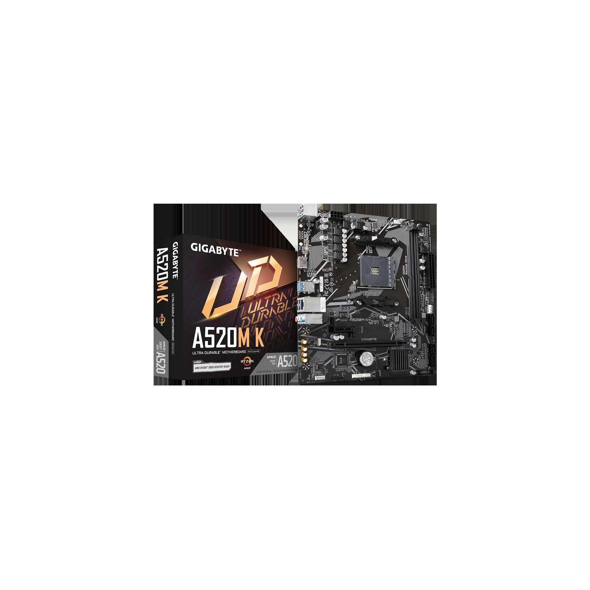 Scheda madre e scatola Gigabyte A520M K. Sfondo bianco. Componenti e testo neri.