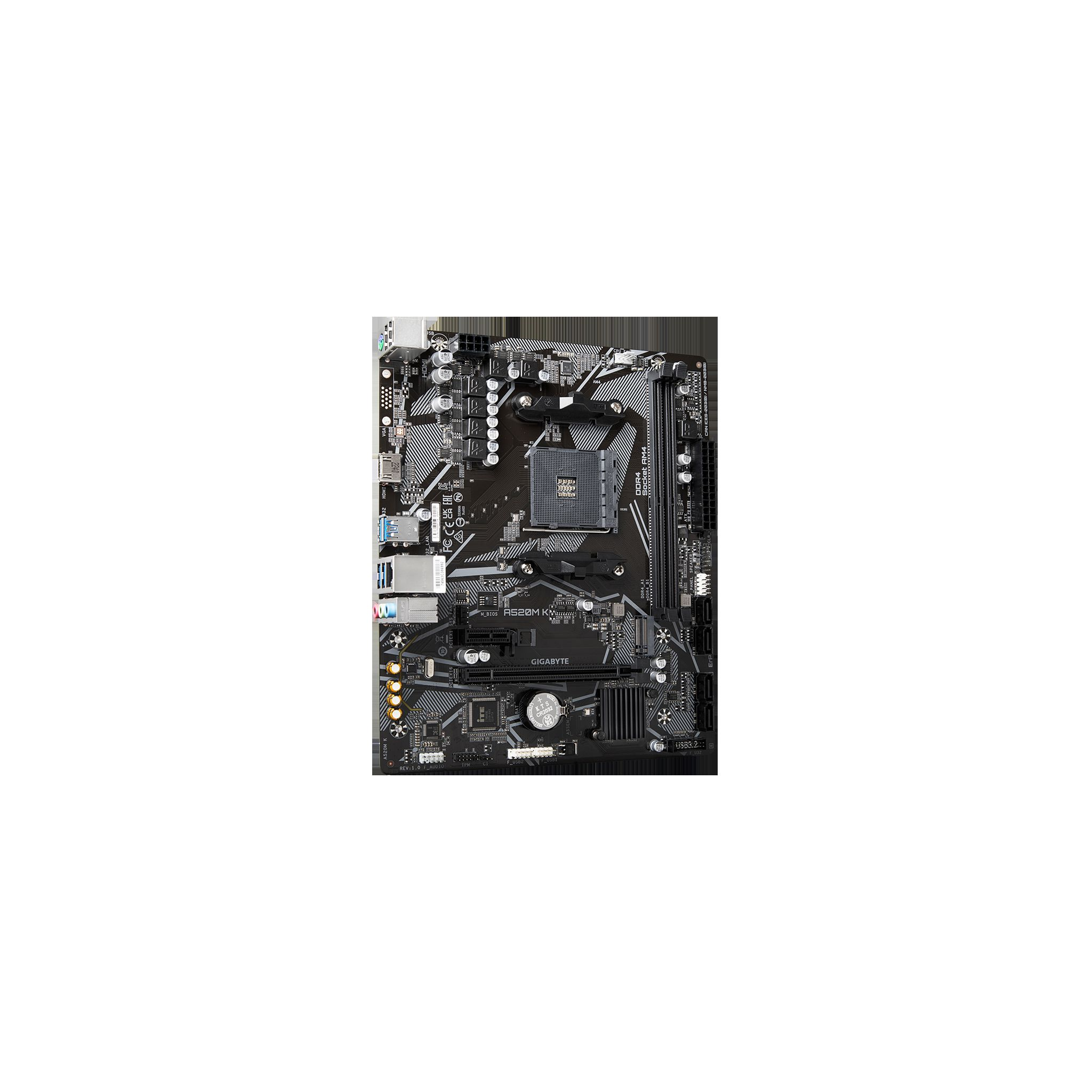 Scheda madre per computer nera con varie porte, connettori e un socket CPU centrale.