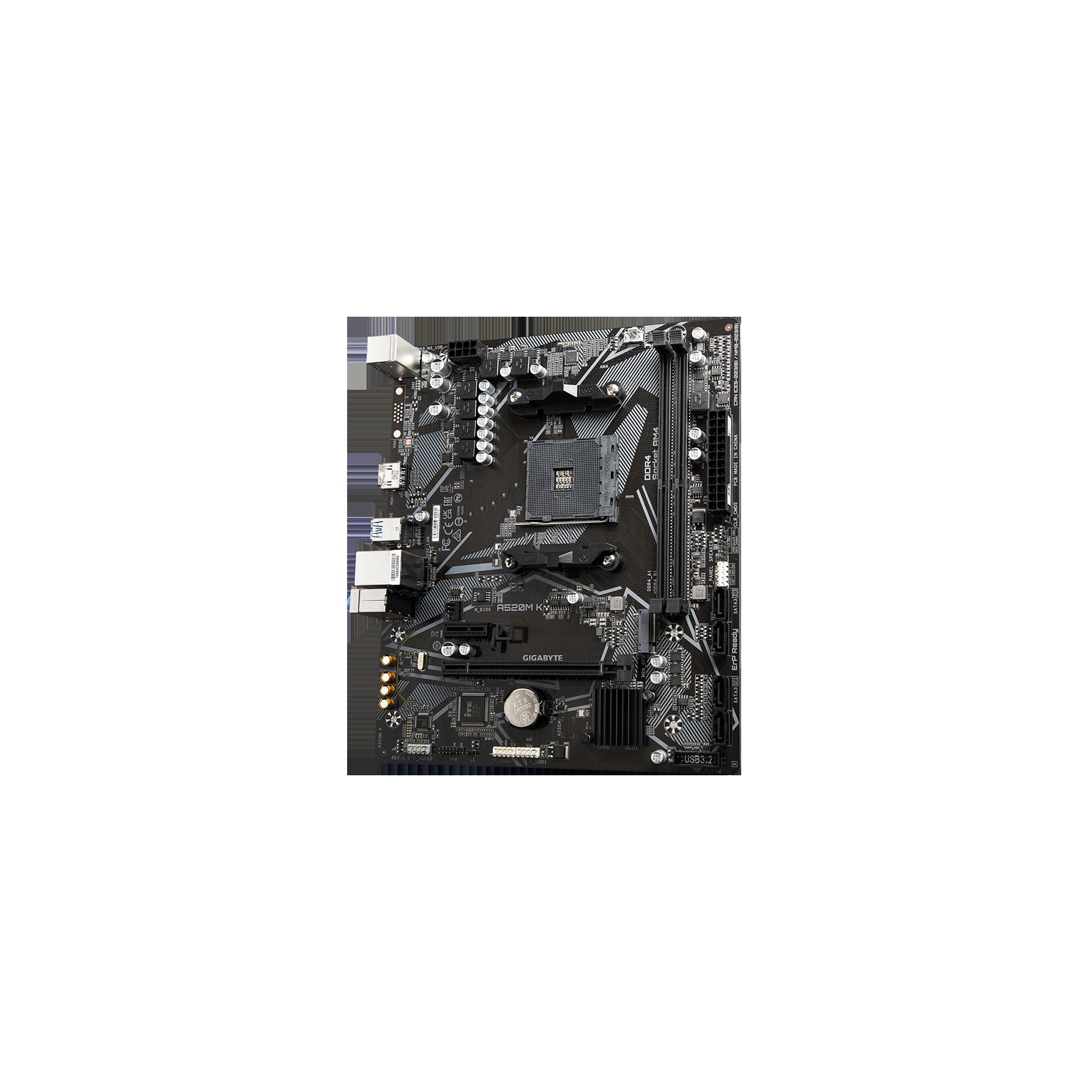 Scheda madre nera con vari componenti. Logo Gigabyte visibile.