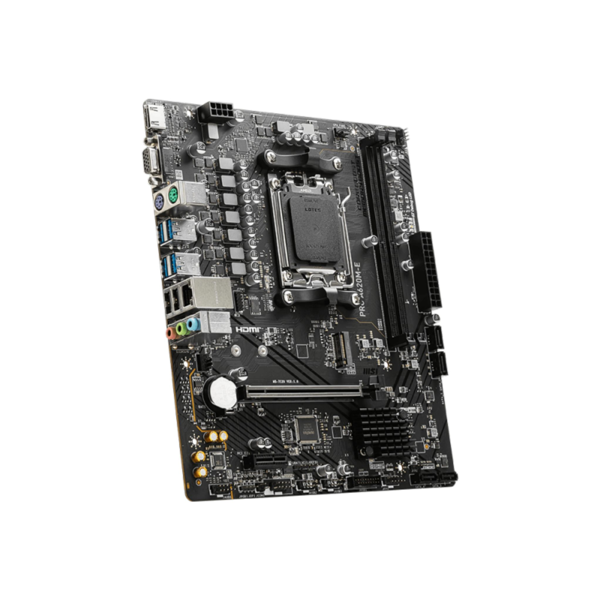 A black computer motherboard with various ports and components.