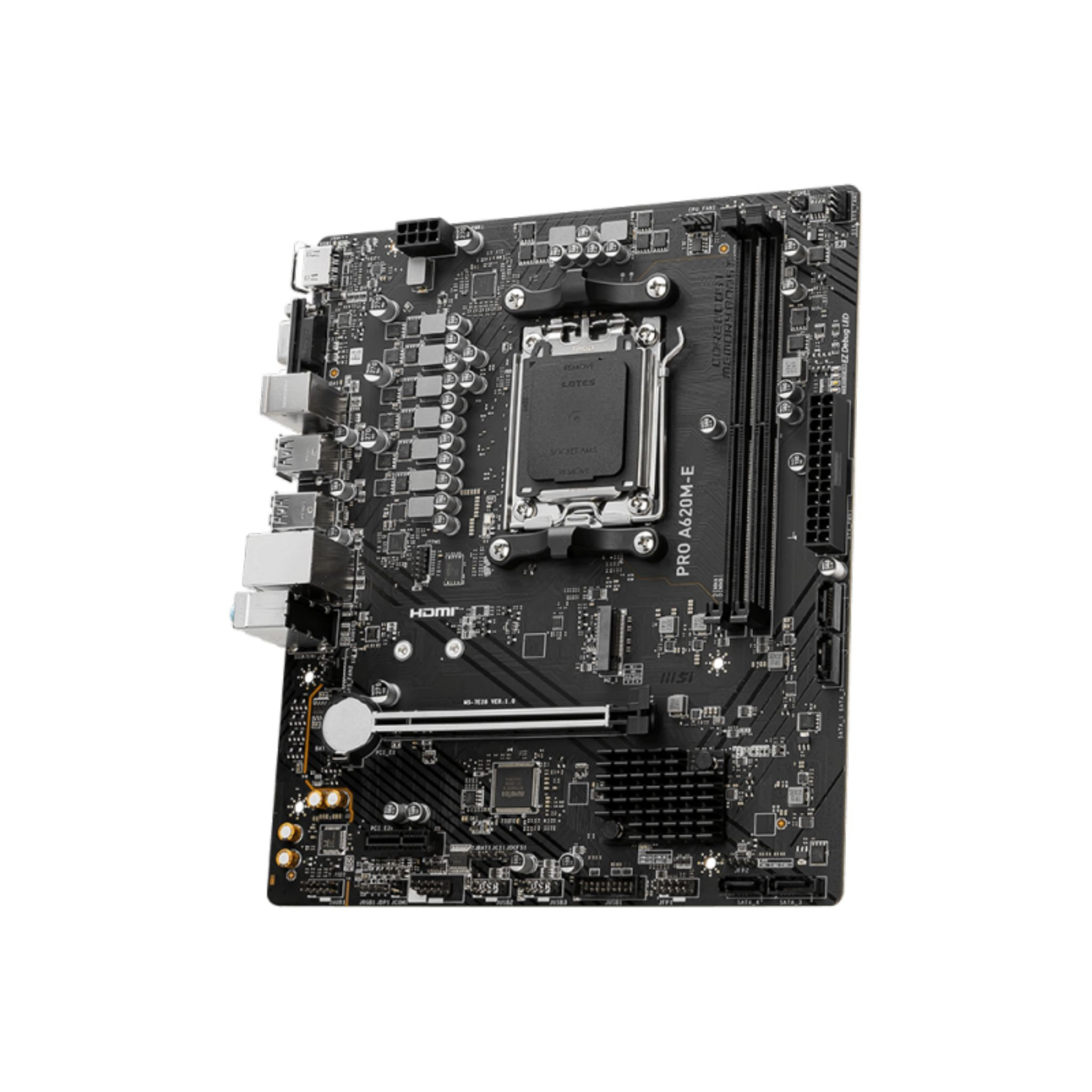 Black computer motherboard with various components.