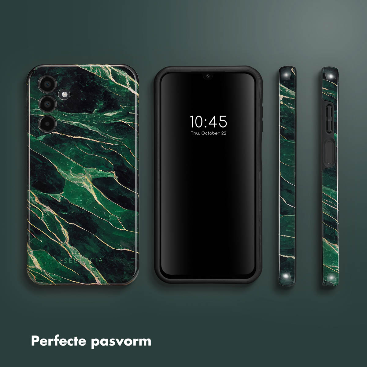 Telefoon, telefoonhoesje en twee zijstukken. Groen marmerpatroon met gouden details op donkergroene achtergrond.