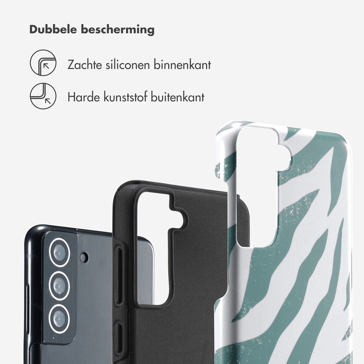 Telefono con custodia zebrata e strati protettivi.