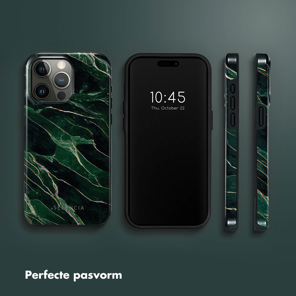 De afbeelding toont iPhone en hoesjes. De telefoon toont de tijd. De hoesjes zijn groen marmer, zwart en hebben een perfecte pasvorm.