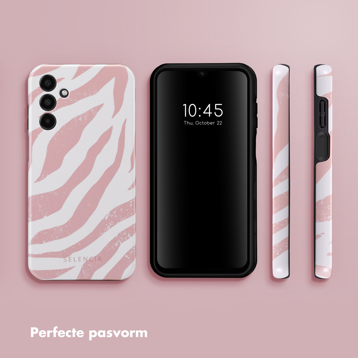 Telefoonhoesje met roze zebra strepen. Telefoon toont tijd. Extra hoes weergaven. Roze achtergrond.