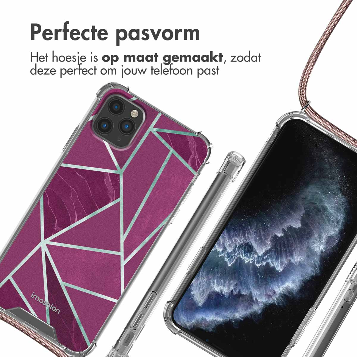 Coque de téléphone avec motif géométrique rose, téléphone avec écran noir.