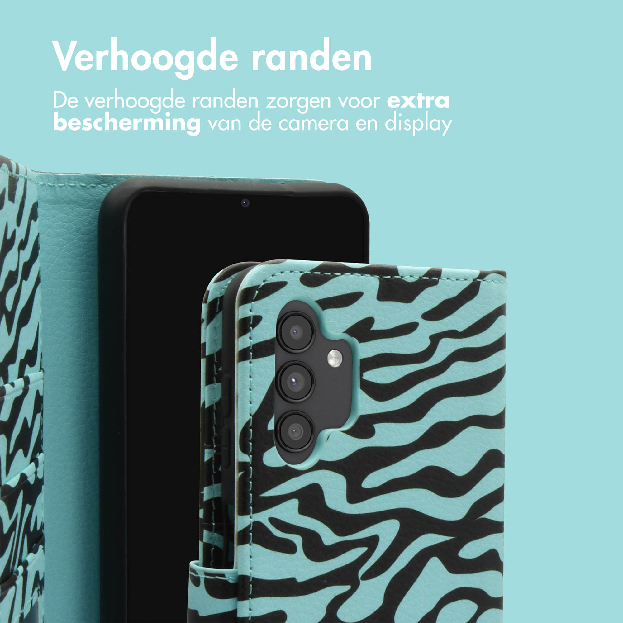 Une coque de téléphone bleu clair avec un motif zèbre noir.