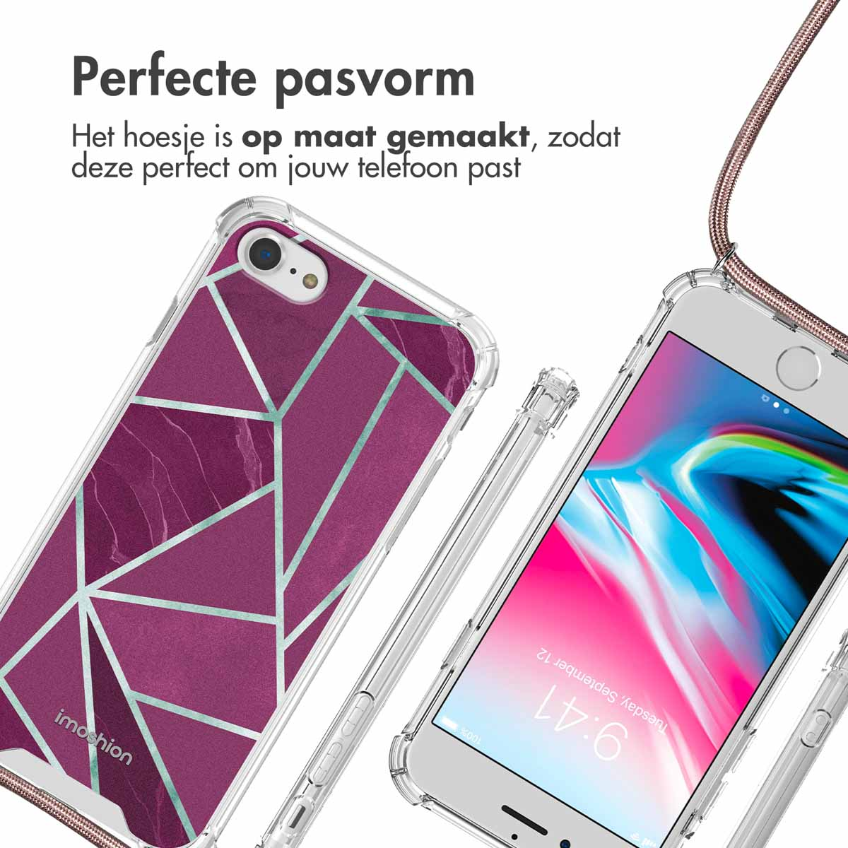 Close-up van twee telefoonhoesjes, één op een telefoon. De hoesjes hebben een geometrisch ontwerp en een roze patroon.