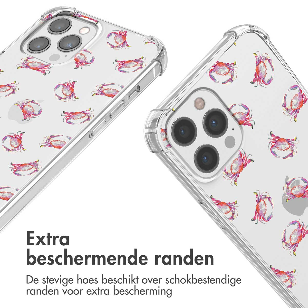 Deux coques de téléphone avec motif de crabe. Une en focus. Texte: bords protecteurs supplémentaires.