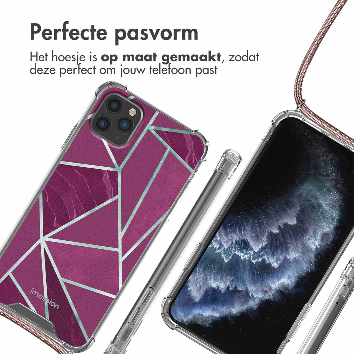 Due custodie per telefono. Una con motivo geometrico viola, l'altra con schermo scuro.