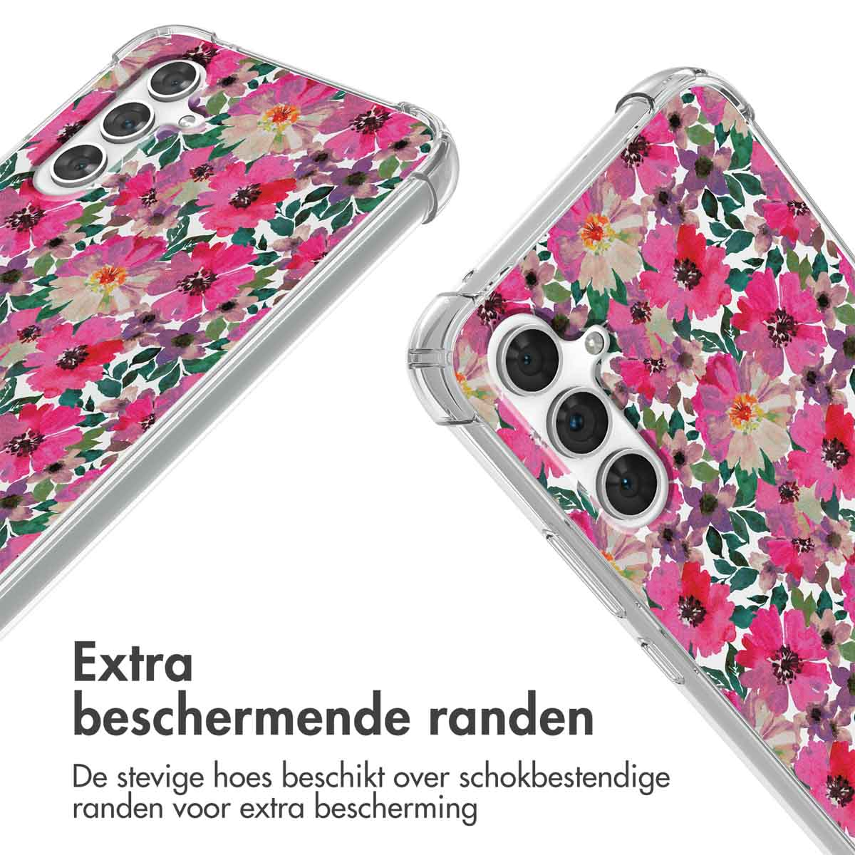 Twee telefoonhoesjes met roze bloempatronen. Transparante beschermranden zijn zichtbaar.