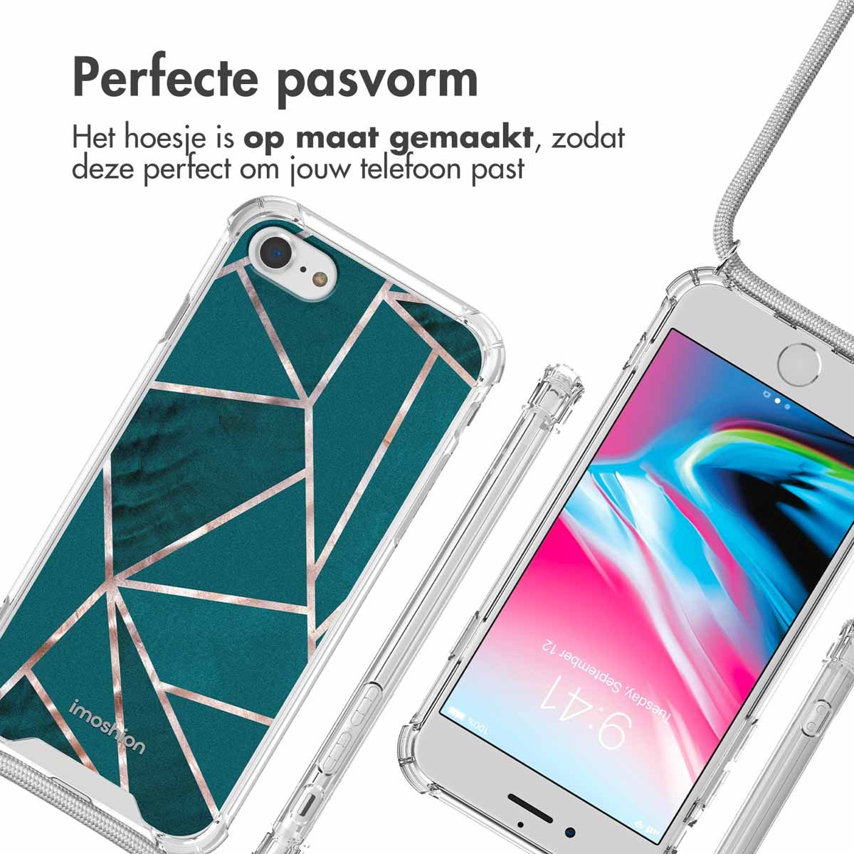 Twee telefoonhoesjes met een turquoise geometrisch patroon en een telefoon met een scherm, op een lichte achtergrond. Er is ook tekst aanwezig.