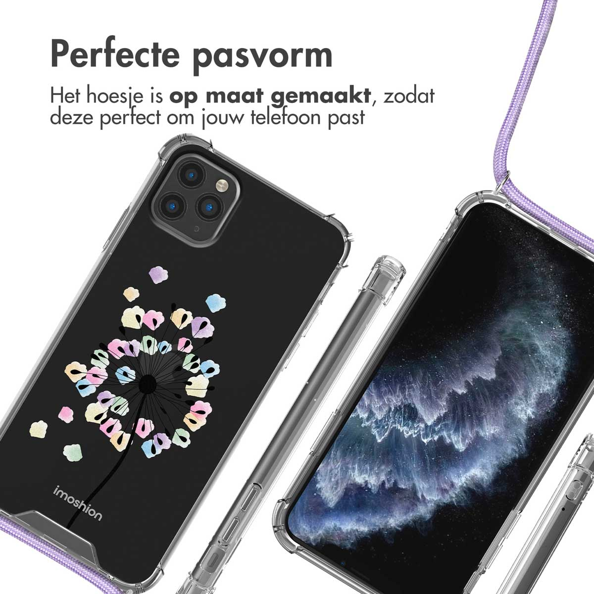 Coque transparente avec motif pissenlit. Lanière violette. Écran de téléphone noir. Fond blanc.
