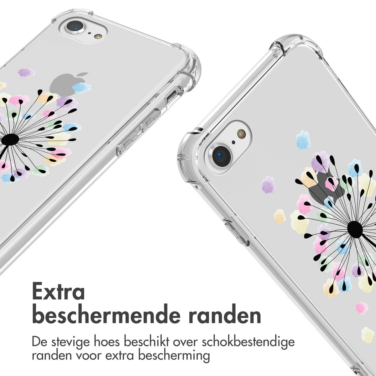 Twee telefoonhoesjes met een paardenbloempatroon op een transparante achtergrond. Doorzichtige randen.