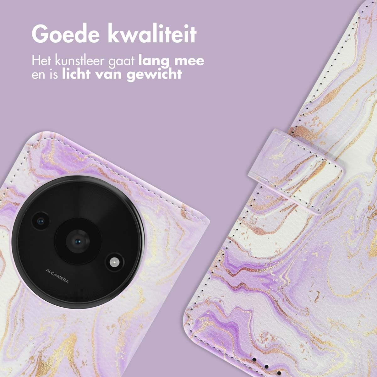 Een telefoonhoes met een paars, wit en goud marmerpatroon.
