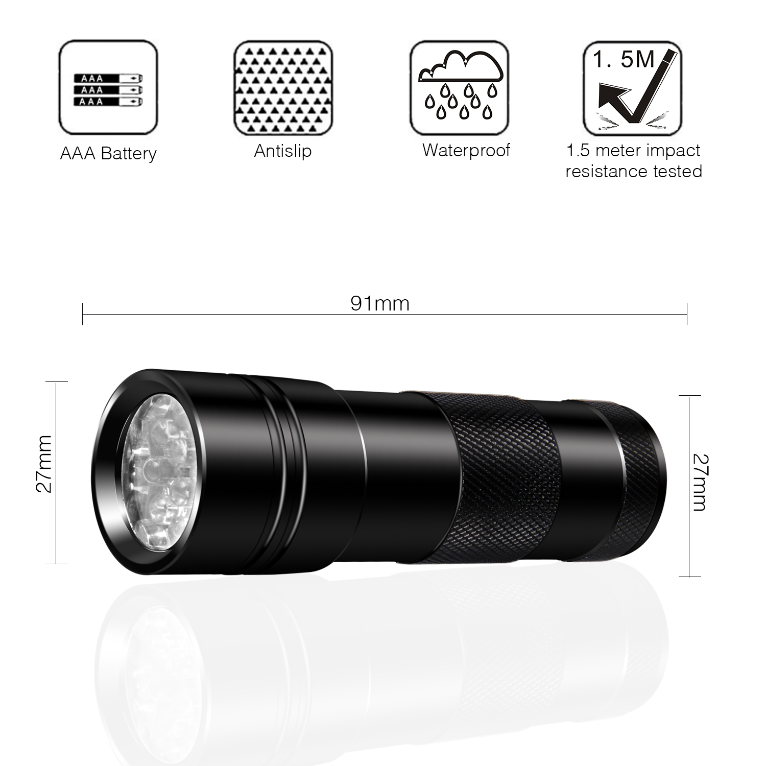 Czarna latarka z wymiarami, ikonami i powierzchnią odbijającą światło.