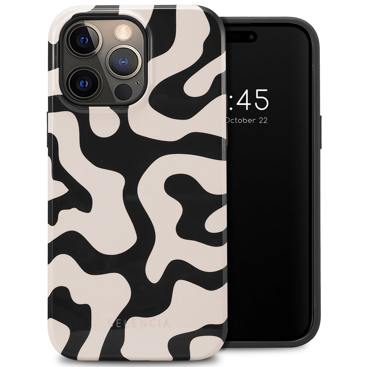 Telefoon met hoesje links, zwart-wit patroon op hoesje.