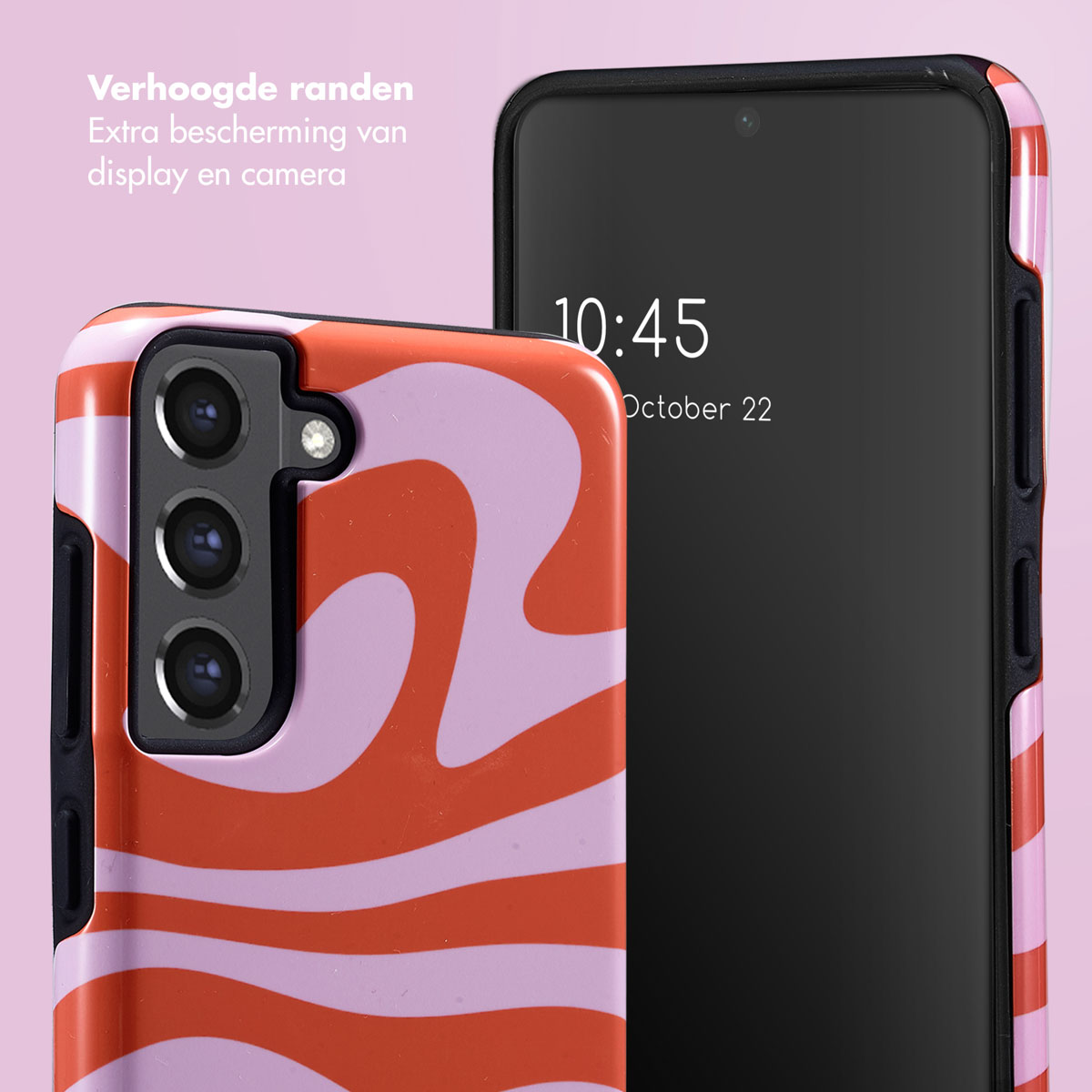 Una cover per telefono con motivo a strisce ondulate arancioni e rosa.