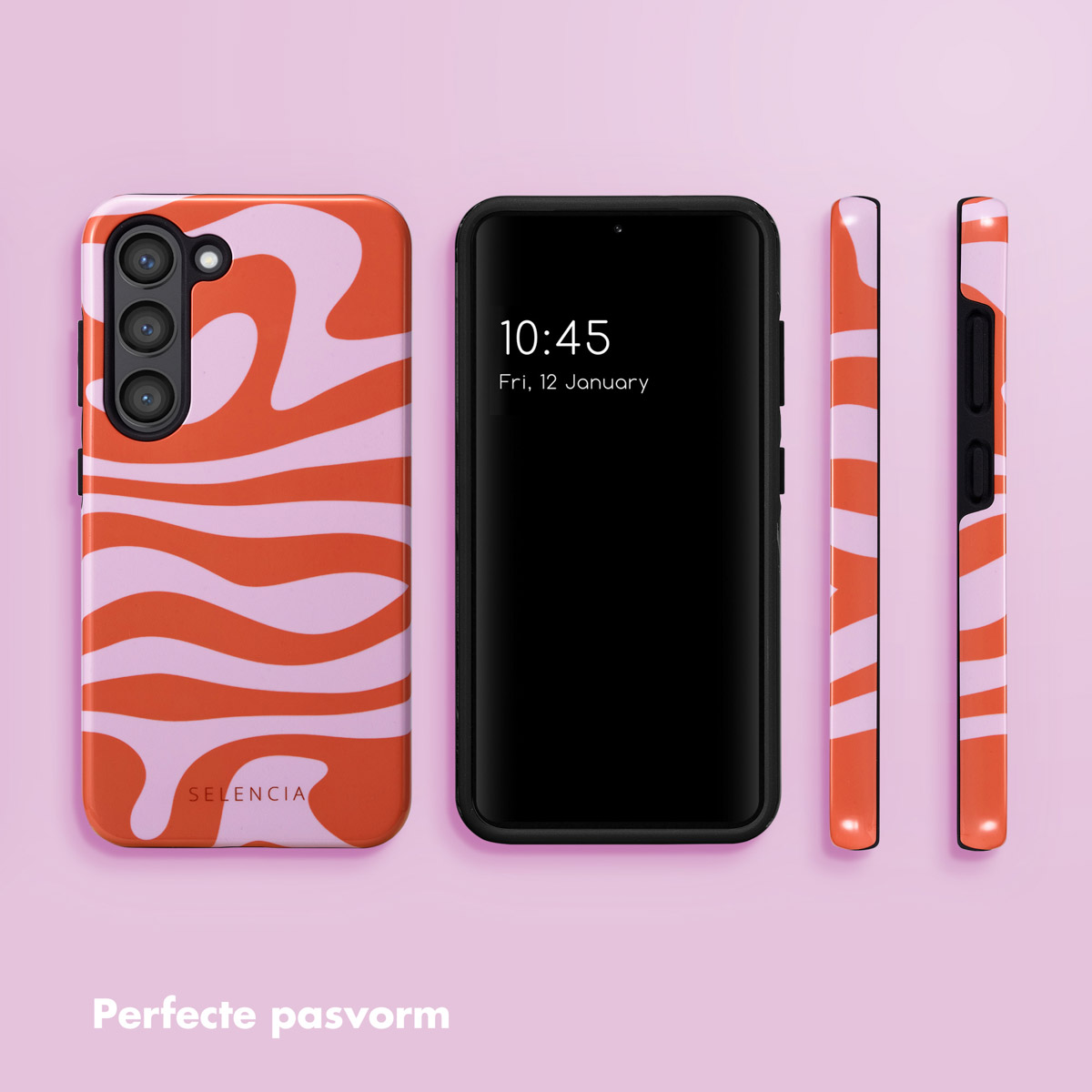Coque de téléphone orange et blanche à côté d'un smartphone sur fond rose.
