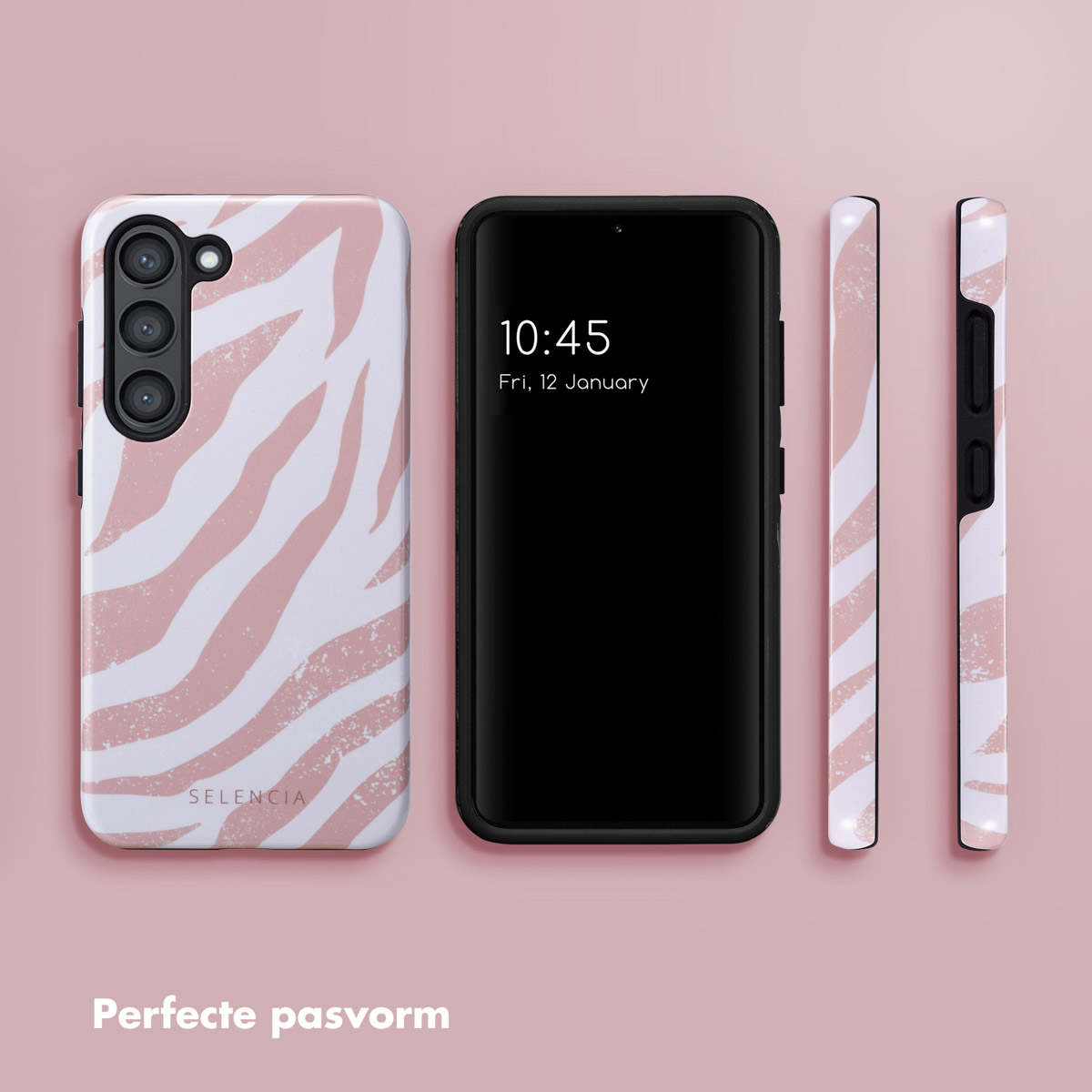 Téléphone dans une coque avec un motif zébré rose. Le texte 'Selencia' est visible. Trois vues du téléphone sont affichées.