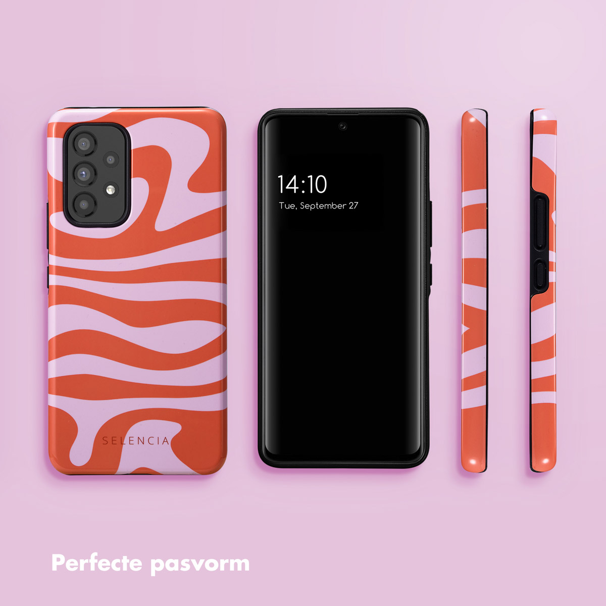 Une coque de téléphone avec un motif ondulé orange et rose à côté d'un smartphone.
