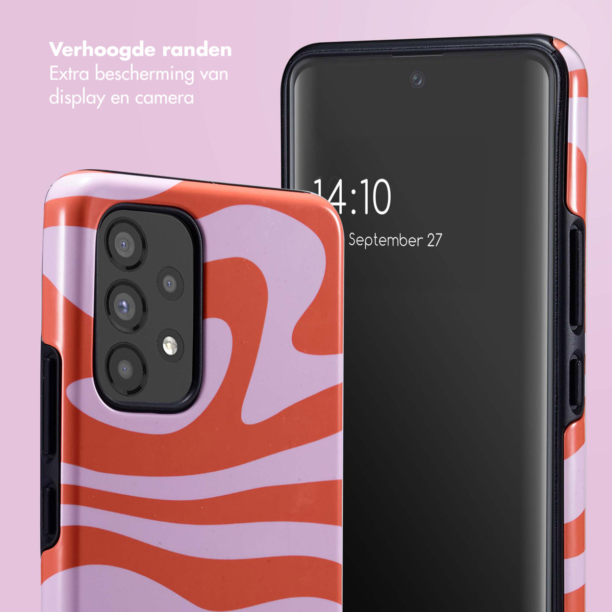 Une coque de téléphone avec un motif ondulé audacieux orange et violet.