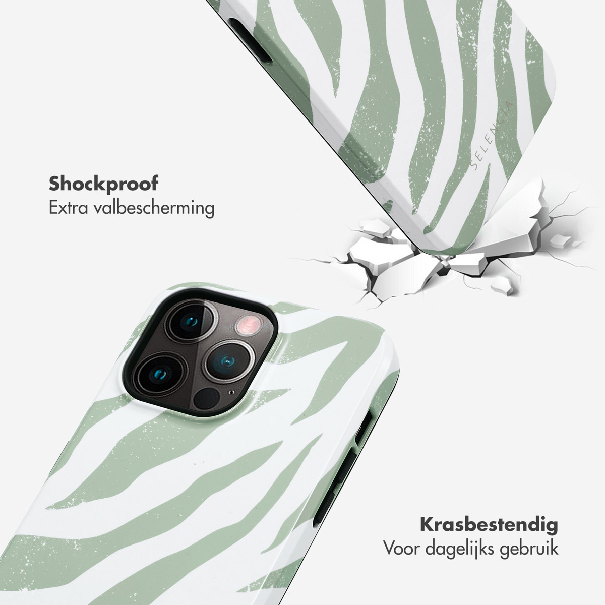 Coque de téléphone avec un imprimé zèbre vert et blanc. La coque est sur fond blanc.