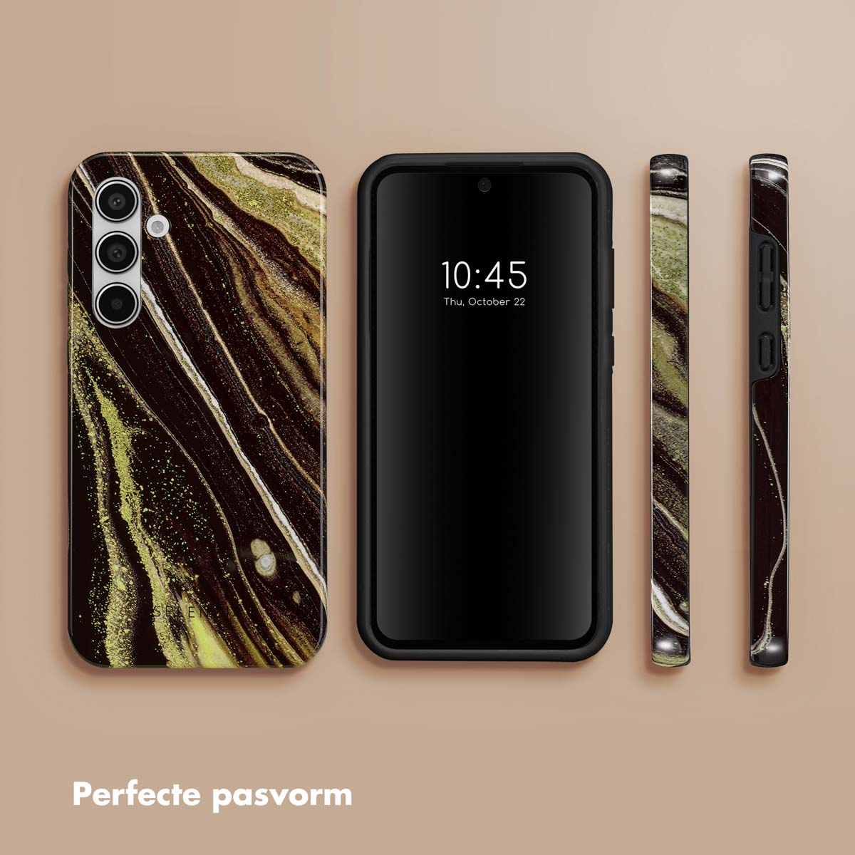 Telefoonhoesje met bruin marmer design, met zwarte telefoon op beige achtergrond.