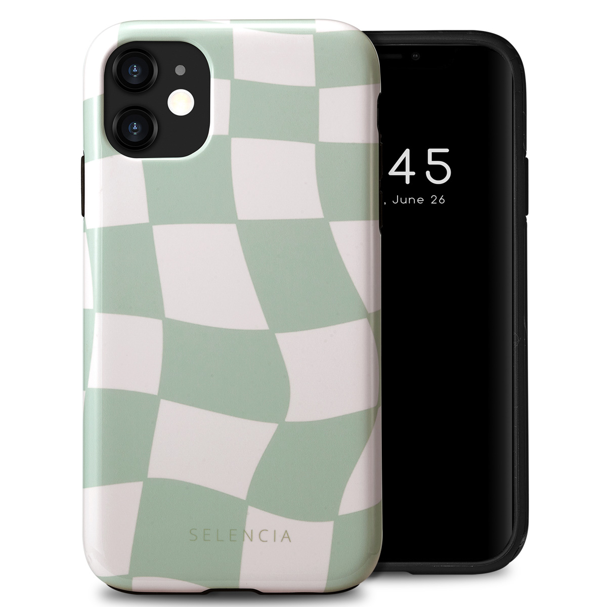 Coque de téléphone à motif à carreaux et téléphone.