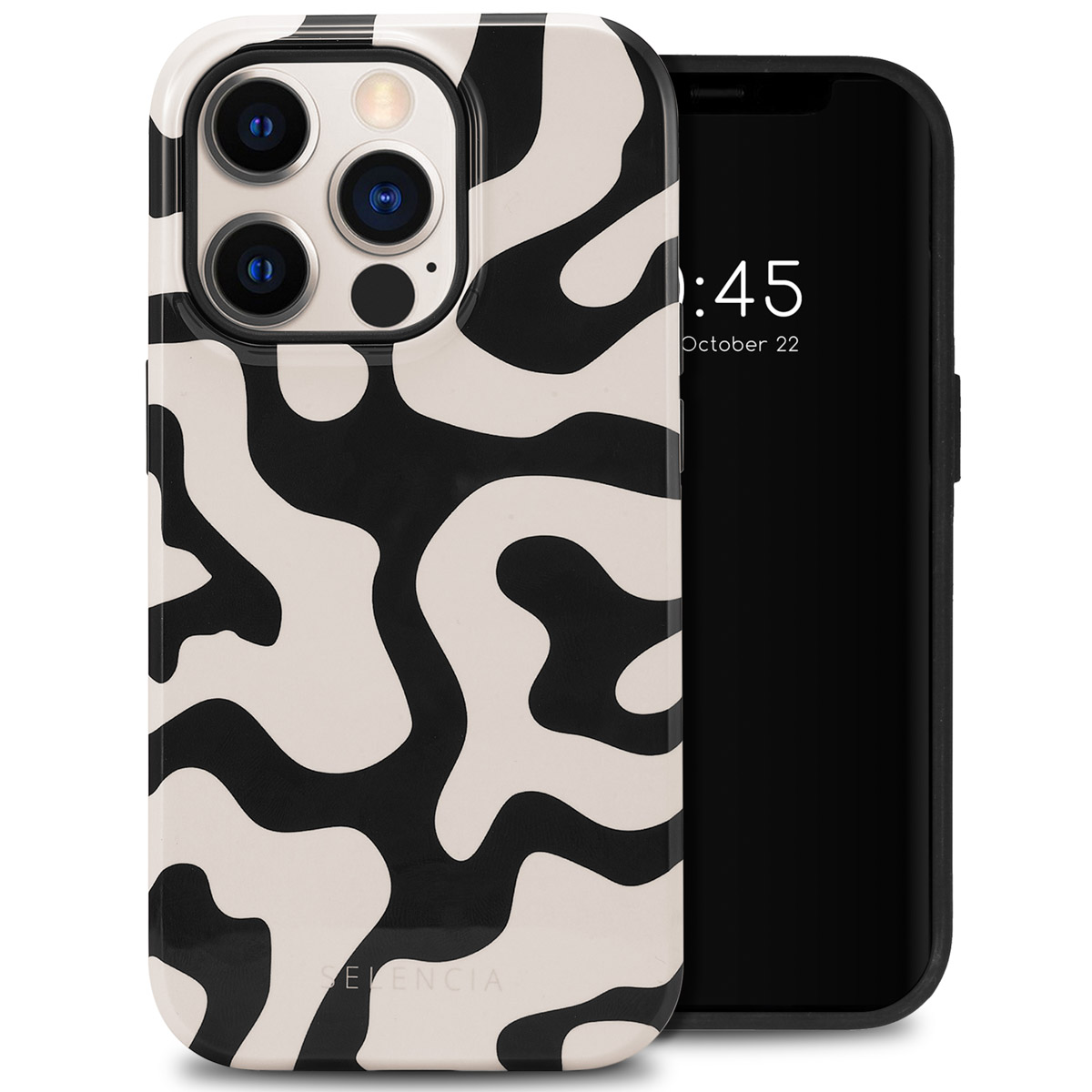 Un téléphone avec une coque à motif abstrait noir et blanc à côté d'un téléphone affichant l'heure et la date.