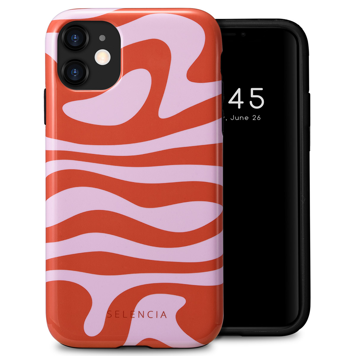 Telefoonhoesje met golfpatroon. De hoes is oranje en roze. Telefoon rechts.