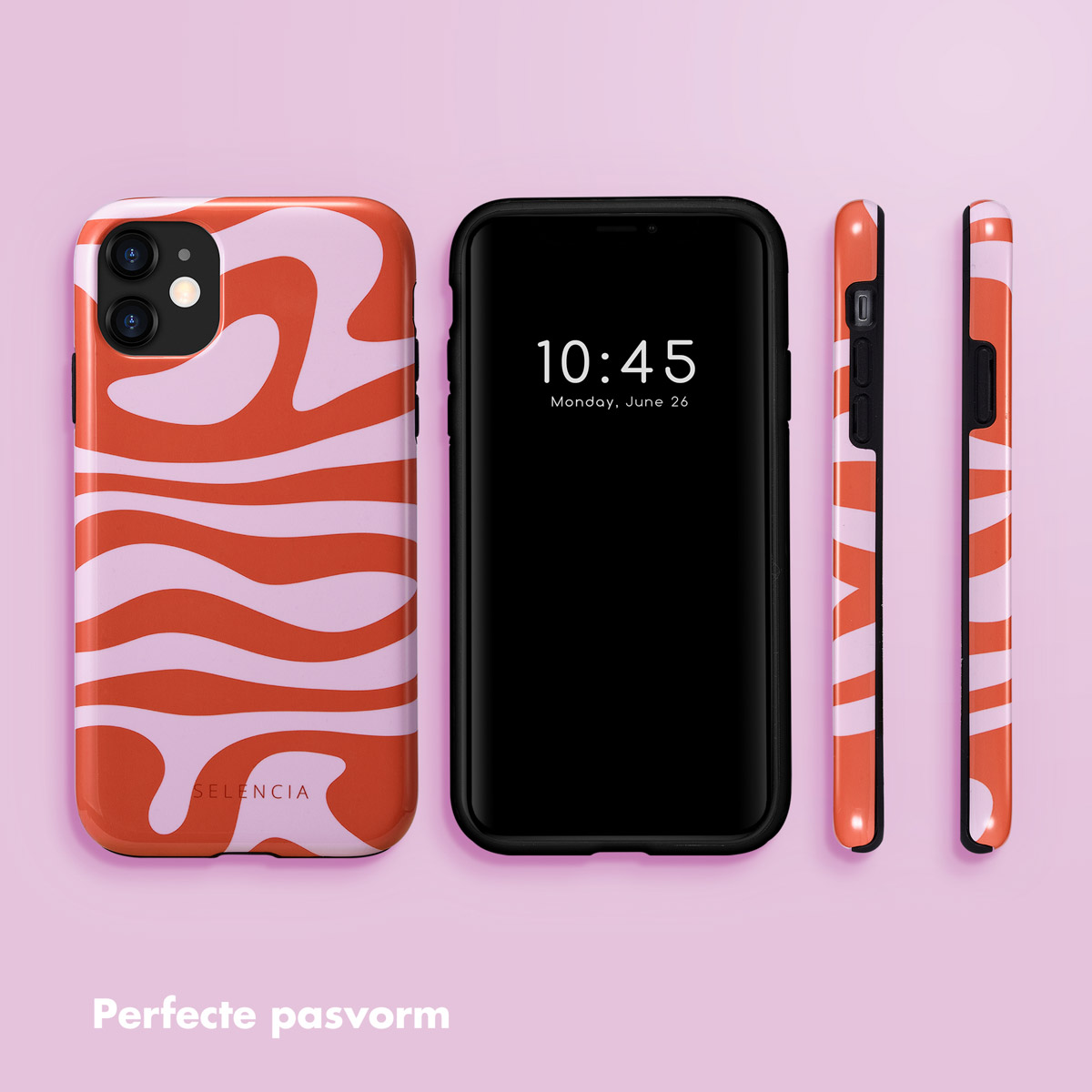 Een telefoon met een oranje en roze wervelende hoes aan de linkerkant.